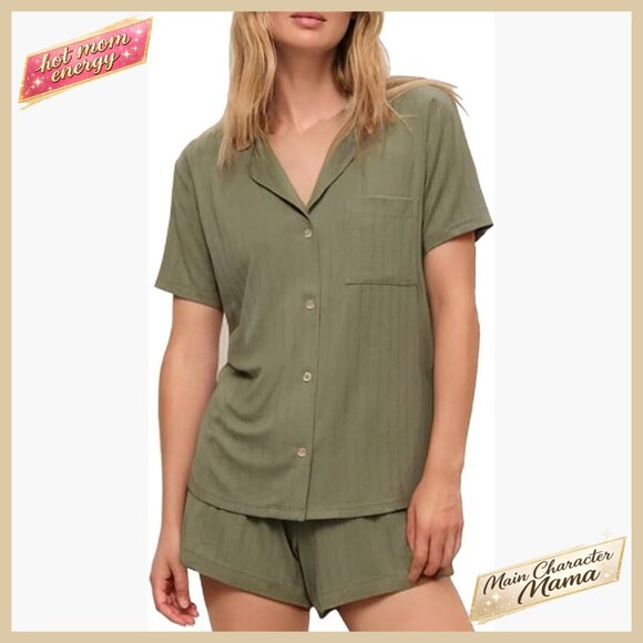 Button Down Pajama Shorts Set Loose Fit V-Neck Lounge Sleepwear Two Piece